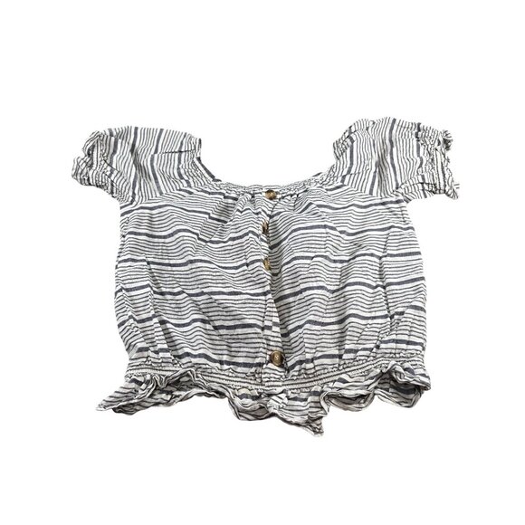 Striped Boho Off-Shoulder Button-Up Blouse With Ruffle Hem - Picture 4 of 10